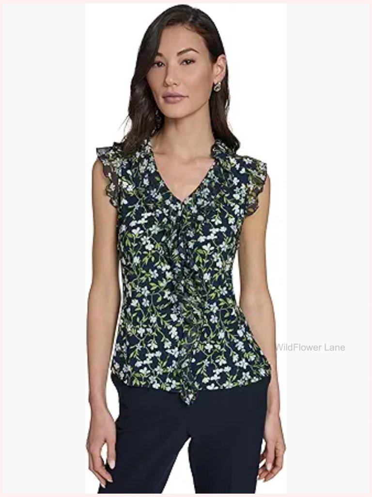 Sleeveless Ruffle Front Blouse - Mixed Media V-Neck Top